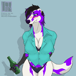 alcohol anthro beer beer_bottle beverage big_breasts blush bottle breasts clothing container crossgender drunk female lingerie slightly_chubby solo substance_intoxication underwear undythebadger undy badger mammal mustelid musteline 1:1 hi_res