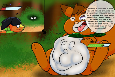 abdominal_bulge ambiguous_gender anthro anthro_pred belly big_belly black_body brown_body brown_fur dipstick_ears dirt duo ear_markings ears_down ellipsis endosoma feral feral_prey freckled_face freckles fur gameplay_mechanics gender_symbol green_eyes green_kerchief green_neckerchief gui hand_on_belly hand_on_own_belly healing healing_vore health_bar inside_stomach kerchief male_symbol multicolored_ears narrowed_eyes neckerchief neckwear one_eye_closed open_mouth oral_vore orange_body outside pattern_kerchief pattern_neckerchief pivoted_ears plant prey_outline safe_vore shrub spread_legs spreading striped_kerchief striped_neckerchief symbol tail talking_to_another talking_to_prey text tongue tongue_out tree vore white_body white_fur wounded yellow_body tepigfan101 nintendo pokemon axel_the_tepig sally_(skwovetops) generation_5_pokemon generation_8_pokemon pokemon_(species) skwovet tepig 2021 character_name digital_media_(artwork) english_text female_(lore) male_(lore)