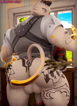 anthro arm_tattoo backsack balls big_butt black_claws black_hair blind_eye bottomless bottomless_anthro bottomless_male butt butt_tattoo cheek_tuft circumcised claws clothed clothing duo eye_scar facial_scar facial_tuft fur genitals green_body green_scales hair hand_on_butt humanoid_genitalia humanoid_penis leg_tattoo looking_back male male/male muscular muscular_anthro muscular_male penis rear_view scales scar tail tattoo topwear tuft white_body white_fur yellow_eyes ewr_115 camseven_(modeler) nes67911_(modeler) epic_games fortnite mythology hybrid_(fortnite) meowdas domestic_cat dragon felid feline felis mammal mythological_creature mythological_scalie scalie wingless_dragon 2025 3d_(artwork) digital_media_(artwork) english_description hi_res