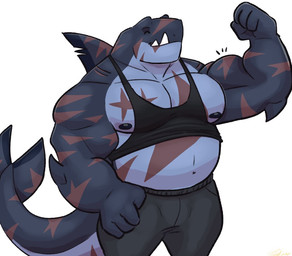 4_fingers ^_^ anthro barazoku biceps black_clothing black_nipples black_shirt black_topwear bottomwear clothing dorsal_fin elbow_fin eyes_closed fangs fin fingers flexing flexing_bicep gills grey_body hand_on_hip happy male midriff musclegut muscular muscular_anthro muscular_male nipples non-mammal_nipples pants pecs scar scars_all_over shark_tail shirt simple_background smile solo tail tank_top teeth teeth_showing topwear undersized_clothing white_background same22shark nelson_(same22shark) aquatic fish shark 2022 digital_media_(artwork) portrait three-quarter_portrait