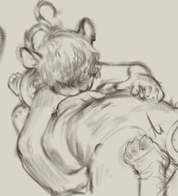 ambiguous_gender anthro bulge bulge_in_face duo ear_piercing hair hair_over_eyes hand_on_belly kneeling male piercing mourph bren_(mourph) ambiguous_species american_opossum mammal marsupial cropped hi_res sketch