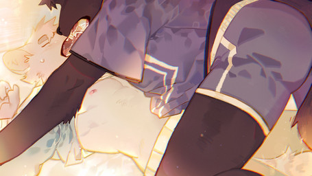 black_body black_fur blue_bottomwear blue_clothing blue_shorts blush blush_lines bodily_fluids bottomwear clothing duo eyes_closed fur kissing male nipples pink_nipples pinned_to_bed saliva saliva_on_tongue saliva_string shorts slim_anthro slim_male sweat sweatdrop undressing white_body white_fur hemuchang 16:9 2022 hi_res widescreen