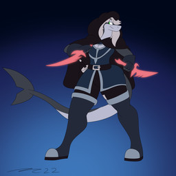 blade dagger dual_wielding female holding_object holding_weapon melee_weapon rogue weapon mac-daddy aquatic fish shark 1:1 absurd_res hi_res