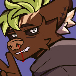 anthro black_sclera blood bodily_fluids brown_body brown_fur clothed clothing fur gesture green_hair hair hand_gesture male nosebleed purple_background simple_background solo teeth thick_lines v_sign white_eyes urakiram 1:1 bust_portrait hi_res portrait