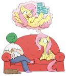 :t blue_eyes blush bodily_fluids clothed clothing cutie_mark dialogue dirty_talk duo fantasizing fantasy feathers female food fur furniture genital_fluids hair lying male on_back open_mouth pink_hair pizza presenting sitting sofa spread_legs spreading stare sweat sweatdrop text thought_bubble tongue vaginal_fluids wide_eyed wing_boner wings yellow_body yellow_feathers yellow_fur shoutingisfun friendship_is_magic hasbro my_little_pony mythology anon fluttershy_(mlp) equid equine human mammal mythological_creature mythological_equine pegasus 2017 english_text hi_res