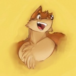 anthro brown_body brown_eyes brown_fur brown_nose chest_tuft fangs fur grin male muscular muscular_anthro muscular_male open_mouth pecs pose simple_background smile solo tan_body tan_fur teeth tongue tuft yellow_background piti_yindee wuffle_(webcomic) wuffle canid canine canis mammal wolf 1:1 2014