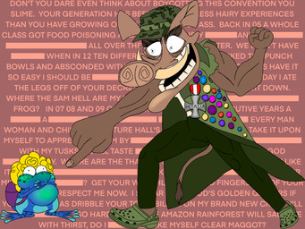angry anthro army_clothing army_hat army_outfit army_uniform big_eyes blonde_hair blue_body bottomwear brown_body brown_fur button_pin censored_text clothing denim denim_bottomwear denim_clothing duo eyebrows feet fingernails footwear freckles fur gesture green_bottomwear green_clothing green_face green_hat green_headwear green_jacket green_jeans green_pants green_topwear hair hand_gesture hat headgear headwear holding_mouth ill jacket jeans lips long_tail male medal membrane_(anatomy) muscular nails nausea pants pointing pointing_at_another purple_backpack shirt simple_background snout tail tail_tuft teeth text text_background thick_eyebrows thick_lips toes topwear tuft tusks webbed_feet white_clothing white_shirt white_topwear young schreckengast crocs amphibian frog mammal poison_dart_frog suid suine warthog 2025 4:3 absurd_res digital_drawing_(artwork) digital_media_(artwork) hi_res