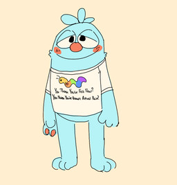anthro biped black_eyes blue_body blue_clothing blue_fur blue_hair blue_shirt blue_t-shirt blue_topwear blush clothing fur green_clothing green_shirt green_t-shirt green_topwear hair half-closed_eyes happy male multicolored_clothing multicolored_shirt multicolored_t-shirt multicolored_topwear narrowed_eyes orange_clothing orange_shirt orange_t-shirt orange_topwear purple_clothing purple_shirt purple_t-shirt purple_topwear red_clothing red_nose red_shirt red_t-shirt red_topwear shirt simple_background smile solo standing t-shirt text topwear white_background white_clothing white_shirt white_t-shirt white_topwear yellow_clothing yellow_shirt yellow_t-shirt yellow_topwear shaibey bugsnax young_horses filbo_fiddlepie grumpus 2022 digital_media_(artwork) english_text hi_res procreate_(artwork)