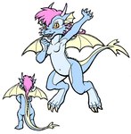 anthro archived_source biped blue_body blue_countershading blue_scales breasts claws countershade_torso countershading digital_drawing_(artwork) digital_media_(artwork) digitigrade dragon female hair horn multicolored_body multicolored_scales mythological_creature mythological_scalie mythology navel open_mouth pink_hair pink_horn ratcandy scales scalie simple_background solo tail white_background wings yellow_body yellow_eyes yellow_scales yellow_wings
