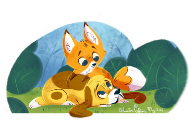 black_nose blue_eyes brown_ears duo feral floppy_ears fur grass male orange_body orange_fur plant pointy_ears prick_ears white_inner_ear yellow_body yellow_fur young young_feral jessiedrawz disney the_fox_and_the_hound copper_(tfath) tod_(tfath) canid canine fox hound_dog mammal red_fox true_fox 2016