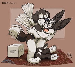 anthro black_body black_fur brown_background duo eyewear fur glasses hug kneeling logo male male_anthro nude open_mouth round_glasses rug simple_background standing teeth white_body white_fur young young_anthro young_male pandapaco canid canine canis domestic_dog lagomorph leporid mammal rabbit artist_logo signature