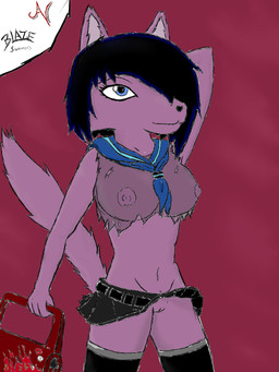 4_fingers anthro areola ascot big_breasts biped black_bottomwear black_clothing black_hair black_legwear black_nose black_skirt black_thigh_highs blue_eyes blue_highlights bottomwear breasts clothed clothing dark_bottomwear dark_clothing dark_hair dark_legwear dark_skirt dark_thigh_highs female fingers fur genitals grey_clothing grey_legwear grey_thigh_highs hair hair_over_eye hand_behind_head handbag highlights_(coloring) holding_handbag holding_object legwear miniskirt monotone_body monotone_bottomwear monotone_breasts monotone_clothing monotone_face monotone_fur monotone_skirt monotone_tail multicolored_clothing multicolored_legwear multicolored_thigh_highs navel neckwear nipples no_underwear one_eye_obstructed pose purple_areola purple_body purple_breasts purple_ears purple_face purple_fur purple_nipples purple_tail purple_vulva raised_bottomwear raised_clothing raised_skirt red_background simple_background skirt small_nose solo tail text thigh_highs torn_clothing translucent translucent_clothing translucent_topwear two_tone_clothing two_tone_legwear two_tone_thigh_highs vulva a-n blaze_summers felid mammal 3:4 character_name hi_res signature source_request