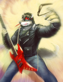 anthro barazoku electric_guitar green_eyes guitar male music musical_instrument playing_guitar playing_music plucked_string_instrument pose solo string_instrument null-ghost scott_visnjic canid canine canis mammal wolf 2012 absurd_res hi_res