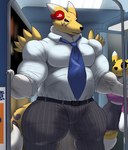 anthro businesswear duo electronics female headphones male male_focus musclegut muscular muscular_male neck_tuft necktie solo_focus text train tuft vehicle alythewolfcat bandai_namco beats_electronics digimon riny_(jamonsin) toukichirou_hashiba digimon_(species) renamon hi_res japanese_text