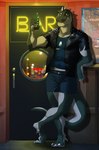 abs anthro arcticlion arm_support bar crossed_legs dinosaur dog_tags hi_res jewelry leaning_on_elbow looking_at_viewer male muscular necklace neon_sign reptile rocco_(tallion) scalie sign slim solo theropod toasting tyrannosaurid tyrannosauroid tyrannosaurus tyrannosaurus_rex yellow_sclera