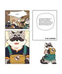 2020 absurd_res anthro black_nose bonasiah canid canine clothing comic deebo_(zoohomme) dialogue english_text eyes_closed felid feline group hi_res kemono kura_(zoohomme) male mammal overalls procyonid quanjiang raccoon ratye_(zoohomme) rocco_(zoohomme) slightly_chubby text woopu_(zoohomme) zoohomme