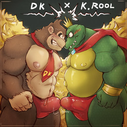 abs accessory anthro belly biceps blush bracelet brown_body brown_fur bulge cape clothing crown deltoids duo erection eye_contact fur genitals green_body hair headgear jewelry looking_at_another male male/male musclegut muscular muscular_arms muscular_legs muscular_male necktie nipples nude open_mouth overweight overweight_male pecs penis scales serratus teeth thong triceps underwear galrock donkey_kong_(series) nintendo donkey_kong_(character) king_k._rool ape crocodile crocodilian gorilla haplorhine kremling mammal primate reptile scalie hi_res
