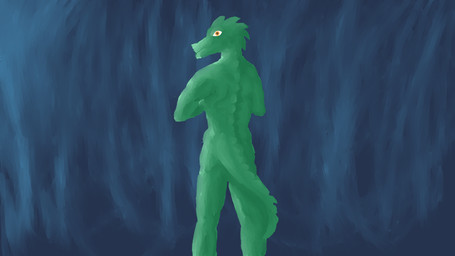 anthro green_body green_skin looking_at_viewer male nude orange_eyes solo spikes standing tail utterly_useless scalie 16:9 digital_media_(artwork) digital_painting_(artwork) hi_res painting_(artwork) widescreen