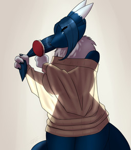 anthro big_breasts blue_body blue_fur breasts brush clothing female fur hair light markings multi_tail neck_floof ponytail shirt silhouette smile solo sunlight tail topwear white_body white_fur furball bandai_namco digimon azula_(azurekyuubi88) canid digimon_(species) mammal renamon hi_res