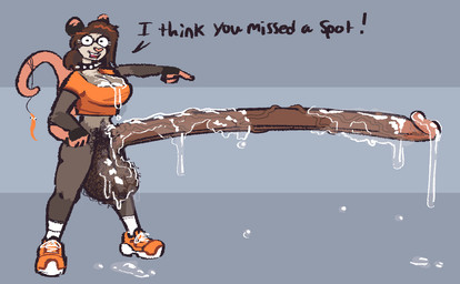 anthro balls big_balls big_penis biped black_text bodily_fluids body_hair bottomless bottomless_anthro bottomless_gynomorph bottomless_intersex breasts brown_penis cleavage clothed clothed_anthro clothed_gynomorph clothed_intersex clothing collar crop_top cum cum_on_balls cum_on_breasts cum_on_own_breasts cum_on_penis cum_on_self dialogue excessive_cum excessive_genital_fluids eyewear footwear genital_fluids genitals gesture glasses gynomorph gynomorph_anthro hairy_balls hand_gesture heart_nose heart_symbol huge_balls huge_penis hyper hyper_genitalia hyper_penis intersex intersex_anthro long_penis looking_at_viewer orange_clothing orange_footwear orange_shirt orange_shoes orange_topwear penis pointing pointing_at_penis pubes round_glasses shirt shoes simple_background sneakers socks solo spiked_collar spikes standing tail talking_to_viewer text topwear vein veiny_penis wearing_glasses white_clothing white_footwear white_socks conditional_dnp girl_poss jay_(girl_poss) american_opossum mammal marsupial squirmle 2026 digital_drawing_(artwork) digital_media_(artwork) english_text hi_res