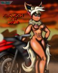 anthro anthrofied big_breasts blush breasts clothing ear_piercing ear_ring eyewear female freckles fur genitals hair kerchief looking_at_viewer motorcycle nipples nude piercing pussy ring_piercing smile solo tail text vehicle sin_teal flareon_day nintendo pokemon rubina_(sin_cyan06) eeveelution flareon generation_1_pokemon mammal pokemon_(species) 4:5 digital_media_(artwork) hi_res