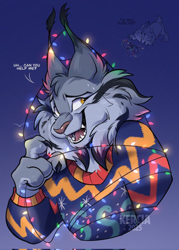 anthro black_body black_claws black_ear_tips black_fur cheek_tuft christmas_decorations christmas_lights claws clothing dipstick_ears ear_markings facial_tuft fur grey_body grey_fur head_tuft male multicolored_ears pink_nose pink_tongue simple_background solo sweater teeth text tongue topwear tuft yellow_eyes kercia disney zootopia pawbert_lynxley canada_lynx felid feline lynx mammal hi_res