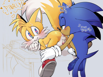 2_tails age_difference anal anthro balls bedroom_eyes big_balls big_penis blue_body blue_fur blush bodily_fluids butt clothing dripping duo excited fist footwear fur furniture genital_fluids genitals gloves half-closed_eyes hands_on_legs handwear holding_both_ankles holding_both_legs humanoid_genitalia humanoid_penis male male/male mostly_nude multi_tail narrowed_eyes nude on_table oral penis penis_size_difference precum precum_drip rimming seductive sex simple_background small_penis smile sweat sweatdrop table tail text tongue tongue_out young young_anthro funkiepoop sega sonic_the_hedgehog_(series) miles_prower sonic_the_hedgehog canid canine eulipotyphlan fox hedgehog mammal digital_media_(artwork) english_text