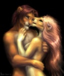 anthro black_background blue_eyes claws duo female fur green_eyes hug kissing male male/female nude orange_body orange_fur romantic romantic_couple simple_background omega_lioness omega_(omega_lioness) sandro_(lion) felid lion mammal pantherine