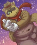 anthro bottomwear brown_body brown_fur bulge clothing fur hat headgear headwear humanoid_hands kemono male necktie one_eye_closed overweight overweight_male pants scarf shirt solo topwear wink rockmai3 sengoku_puzzle tokugawa_ieyasu canid canine mammal raccoon_dog tanuki 2021 hi_res