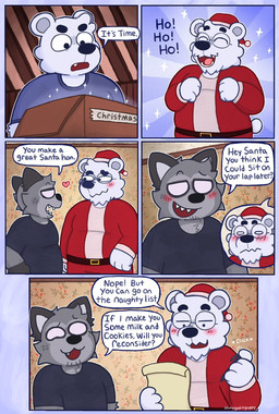 anthro belt blush box cardboard cardboard_box christmas_clothing christmas_headwear clothed clothing container costume cute_fangs dialogue duo eyewear fangs flirting fur glasses grey_body grey_fur hat headgear headwear heart_symbol holding_object holidays humor male onomatopoeia pen question question_mark santa_costume santa_hat smile sound_effects sparkles speech_bubble teeth text white_body white_fur ohmygoditguppy christmas bear canid canine canis mammal polar_bear ursine wolf 2023 comic english_text hi_res