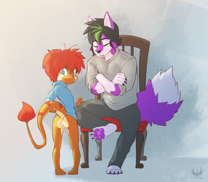 4_toes age_difference anthro barefoot black_hair blue_clothing blue_eyes blue_topwear bottomless bottomwear butt chair claws clothed clothing crossed_arms duo eyes_closed feet finger_claws footwear fully_clothed fur fur_tuft furniture green_clothing green_footwear green_hair green_high_heels hair hand_on_leg hand_on_tail hand_on_thigh high_heels holding_tail male multicolored_body multicolored_fur orange_body orange_butt orange_scales orange_tail pants pawpads purple_body purple_fur purple_pawpads purple_tail red_hair scales shoes sitting standing tail tail_tuft toe_claws toes topwear tuft two_tone_body two_tone_fur two_tone_tail young young_anthro young_male eldiman talin tokami canid canine dinosaur dromaeosaurid fox hybrid lizard mammal prehistoric_species reptile saurischian scalie theropod 2022 hi_res