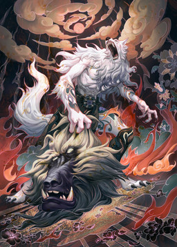 4_fingers angry anthro asian_clothing claws clothing cloud fingers fur holding_head male muscular muscular_male open_mouth sharp_teeth solo standing tail tattoo teeth white_body white_fur livia_prima canid canine canis mammal wolf 2022 absurd_res digital_media_(artwork) hi_res