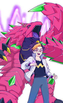 anthro claws duo eyewear glasses hair male multicolored_hair pink_body red_eyes sharp_teeth size_difference teeth 74m6dg bandai_namco digimon digimon_beatbreak tomoro_tenma armalizamon digimon_(species) human mammal scalie hi_res