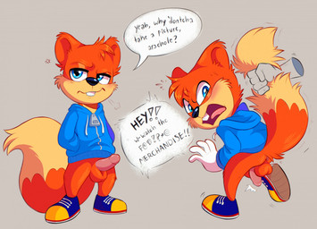 angry anthro anus backsack balls blue_clothing blue_eyes blue_hoodie blue_topwear blush bottomless buckteeth clothed clothing dialogue dipstick_tail disembodied_hand duo footwear genitals grawlixes grey_background grumpy half-closed_eyes hoodie humanoid_genitalia humanoid_penis looking_back male markings narrowed_eyes open_mouth penis profanity shoes simple_background solo_focus speech_bubble standing tail tail_grab tail_markings teeth text tongue tongue_out topwear werewolfguts conker's_bad_fur_day rareware conker mammal rodent sciurid tree_squirrel english_text