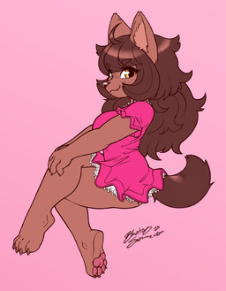 anthro big_breasts breasts brown_body brown_fur butt clothed clothing dress female fur hair looking_at_viewer panties pawpads paws simple_background smile solo tail text underwear yellow_eyes blasticussaturn cioccolata_(blasticussaturn) canid canine mammal 2025 digital_media_(artwork) hi_res signature