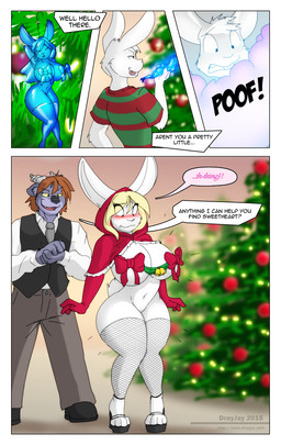 anthro bell big_breasts blonde_hair blush breast_growth breasts brown_hair christmas_tree clothing dialogue duo embarrassed female fishnet_clothing fishnet_legwear footwear gender_transformation gloves growth hair handwear high_heels holidays huge_breasts legwear male mtf_transformation navel pattern_clothing pattern_shirt pattern_topwear plant shirt shoes smile striped_clothing striped_shirt striped_topwear stripes surprised text thick_thighs topwear transformation tree wide_hips dracojeff christmas lagomorph leporid mammal rabbit 2015 comic english_text hi_res