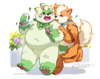 anthro anthrofied belly big_belly black_nose blush cute_fangs duo fangs green_body kemono licking male open_mouth orange_body overweight overweight_male standing teeth tongue owule nintendo pokemon generation_1_pokemon generation_9_pokemon growlithe pokemon_(species) sprigatito 2026