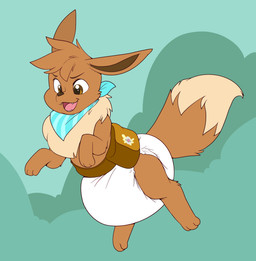 3_toes ambiguous_gender bag big_diaper blue_kerchief blue_neckerchief brown_body brown_fur brown_inner_ear brown_nose brown_tail clean_diaper clothed clothing diaper dipstick_tail excited fangs feet feral fur head_tuft kerchief markings midair multicolored_body multicolored_fur neckerchief neckwear open_mouth open_smile pattern_kerchief pattern_neckerchief plant satchel shrub simple_background smile solo striped_kerchief striped_neckerchief tail tail_markings tan_body tan_fur tan_tail tan_tail_tip teeth three-quarter_view toes tuft two_tone_body two_tone_fur two_tone_tail waist_accessory wearing_diaper white_diaper bubblepuppers nintendo pokemon pokemon_mystery_dungeon spike_chunsoft bud_(moon_is_baby) fan_character eevee generation_1_pokemon pokemon_(species) absurd_res full-length_portrait hi_res portrait
