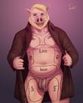 animal_butchery_diagram anthro areola beard belly biped blonde_hair brown_eyes bulge clothed clothing costume dotted_line exhibitionism exposed eyebrows facial_hair freckles front_view hair halloween_costume holidays humanoid_hands long_coat male mostly_nude nipples pig_nose pose simple_background site_marking slightly_chubby smile solo standing text text_on_body tongue tongue_out underwear rov halloween collin_peck domestic_pig mammal suid suina sus_(pig) 4:5 digital_media_(artwork) hi_res