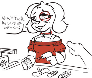 anthro clothing collar crop_top dialogue female gesture hand_gesture monotone_background pointing shirt simple_background speech_bubble text topwear notdink target_corporation spot_(jayrnski) bird_dog canid canine canis domestic_dog hunting_dog mammal spaniel colored guide_lines sketch