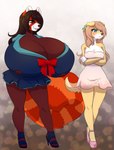 abstract_background anthro big_breasts blush breasts brown_hair clothed clothing dress duo female hair huge_breasts hyper hyper_breasts tail spazzykoneko aliana_(spyingredfox) ailurid canid canine canis domestic_dog mammal red_panda digital_media_(artwork) hi_res shaded