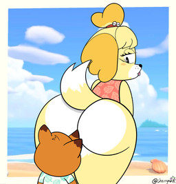anthro beach blush blush_stickers bottomless brown_body brown_fur butt butt_sniffing clothed clothing duo eyelashes female fur long_eyelashes male male/female smelly_butt sniffing standing text tuft yellow_body yellow_fur cherrym0nr animal_crossing nintendo isabelle_(animal_crossing) tom_nook_(animal_crossing) canid canine canis domestic_dog mammal procyonid raccoon english_text hi_res
