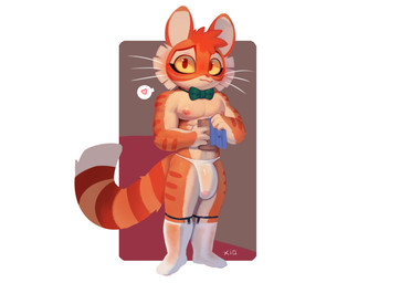 4_fingers :3 abs anthro areola big_ears biped blush blush_lines bow_tie brown_background bulge claws clothed clothed_anthro clothed_male clothing detailed_bulge dipstick_tail facial_markings finger_claws fingers flaccid footwear fur garter_belt garter_belt_socks garter_straps genital_outline genitals glans glistening glistening_eyes green_bow_tie happy head_markings heart_symbol holding_object looking_at_viewer male male_anthro markings mouth_closed multicolored_body multicolored_fur multicolored_tail muscular muscular_anthro muscular_male navel nipples orange_body orange_fur orange_sclera orange_stripes orange_tail pecs penis penis_outline pink_areola pink_nipples pink_nose red_background red_eyes shy shy_smile simple_background socks solo speech_bubble standing striped_body striped_face striped_fur striped_markings striped_tail stripes tail tail_markings tan_body tan_fur tan_inner_ear text thong translucent translucent_clothing translucent_footwear translucent_socks translucent_thong translucent_underwear underwear whiskers white_background white_clothing white_footwear white_socks white_tail_tip white_thong white_underwear white_whiskers cydonia_xia lackadaisy calvin_mcmurray domestic_cat felid feline felis mammal tabby_cat 2026 absurd_res artist_name digital_media_(artwork) hi_res