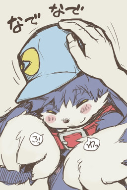 anthro black_body black_fur blue_baseball_cap blush collar fur headpat humanoid_hands kemono male offscreen_character red_collar simple_background smile solo_focus speech_bubble text young young_anthro young_male tatotake_mono bandai_namco klonoa_(series) klonoa 2017 2:3 japanese_description japanese_text