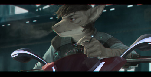 5_fingers anthro armor black_bars black_hair brown_eyes cigarette clothed clothing cyberpunk detailed_background fingers hair jacket male motorcycle smoke solo topwear vehicle terry_grimm discardingsabot sabot_sauer aquatic fish requiem_shark scalie shark tiger_shark 2018 digital_media_(artwork) hi_res letterbox