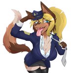 2021 5_fingers anthro big_breasts blonde_hair blue_eyes blush bottomwear breasts brown_body brown_fur canid canine canis cleavage clothed clothing digital_media_(artwork) domestic_dog eyelashes female female_anthro fingers fur furgonomics hair hi_res kemono mammal miniskirt multicolored_body multicolored_fur multicolored_tail police police_hat police_uniform sharp_teeth simple_background skirt solo tail tail_through_skirt tan_body tan_fur teeth tongue tongue_out tuberosekotoki uniform white_background white_body white_fur