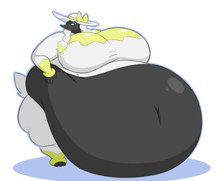 anthro belly belly_on_ground big_belly big_breasts black_body black_fur blonde_hair blue_eyeliner breasts clothing eyeliner female fur grey_body grey_clothing grey_fur grey_hair grey_hat grey_headwear grey_shirt grey_topwear hair hand_on_belly hat headgear headwear huge_belly huge_breasts huge_thighs hyper hyper_belly hyper_breasts makeup morbidly_obese morbidly_obese_female obese obese_female overweight overweight_female red_eyes shirt simple_background solo thick_thighs topwear white_background yellow_body yellow_clothing yellow_fur yellow_shirt yellow_topwear mizz-britt nintendo pokemon canid canine debutante_trim_furfrou furfrou generation_6_pokemon mammal pokemon_(species) absurd_res hi_res