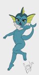 anthro blue_body feet green_eyes jumping long_tail male open_mouth paws raised_arm solo tail toes tongue young smol_boye nintendo pokemon eeveelution generation_1_pokemon pokemon_(species) vaporeon