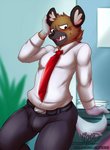 anthro blush bulge clothed clothing fully_clothed looking_at_viewer male necktie solo text inuki aggretsuko sanrio haida_(aggretsuko) hyena mammal spotted_hyena 2019 digital_media_(artwork) hi_res url