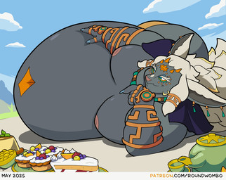 anthro belly belly_play belly_wobble big_belly big_cheeks big_hair big_moobs blue_eyes chubby_cheeks cloud dessert double_chin ear_piercing eating food fur grey_body grey_fur hair hand_on_belly huge_belly jewelry male moobs morbidly_obese morbidly_obese_anthro morbidly_obese_male navel nipples obese obese_anthro obese_male outside overweight overweight_anthro overweight_male pastry patting_belly piercing smile solo sweets text white_hair roundwombo nintendo tears_of_the_kingdom the_legend_of_zelda rauru_(tears_of_the_kingdom) mammal zonai 2d_animation animated short_playtime url